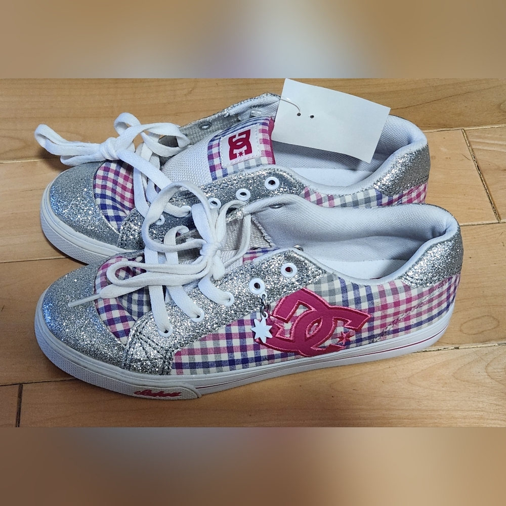 DC Skateboard Sneakers size 6-7 with Pink and Silver Plaid